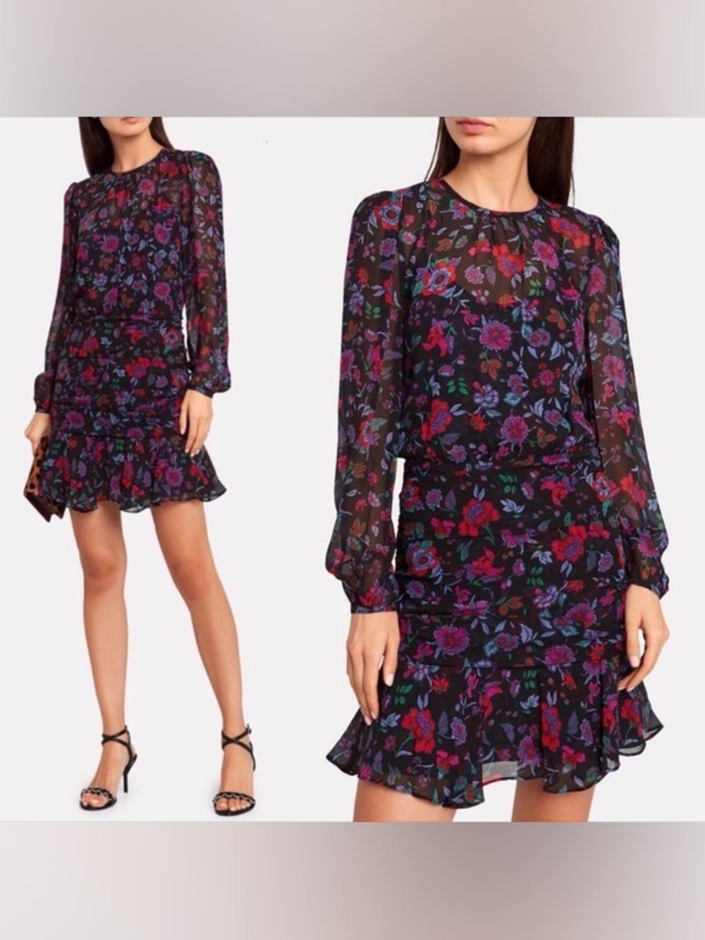 Veronica Beard Robin 100% Silk Floral Ruched Ruffle Mini Dress Black Multi Sz 4